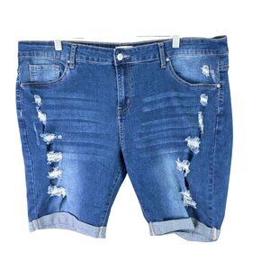 Womens Chic Soul Distressed Blue Denim Bermuda Shorts Rolled Hem Cotton Blend 1X
